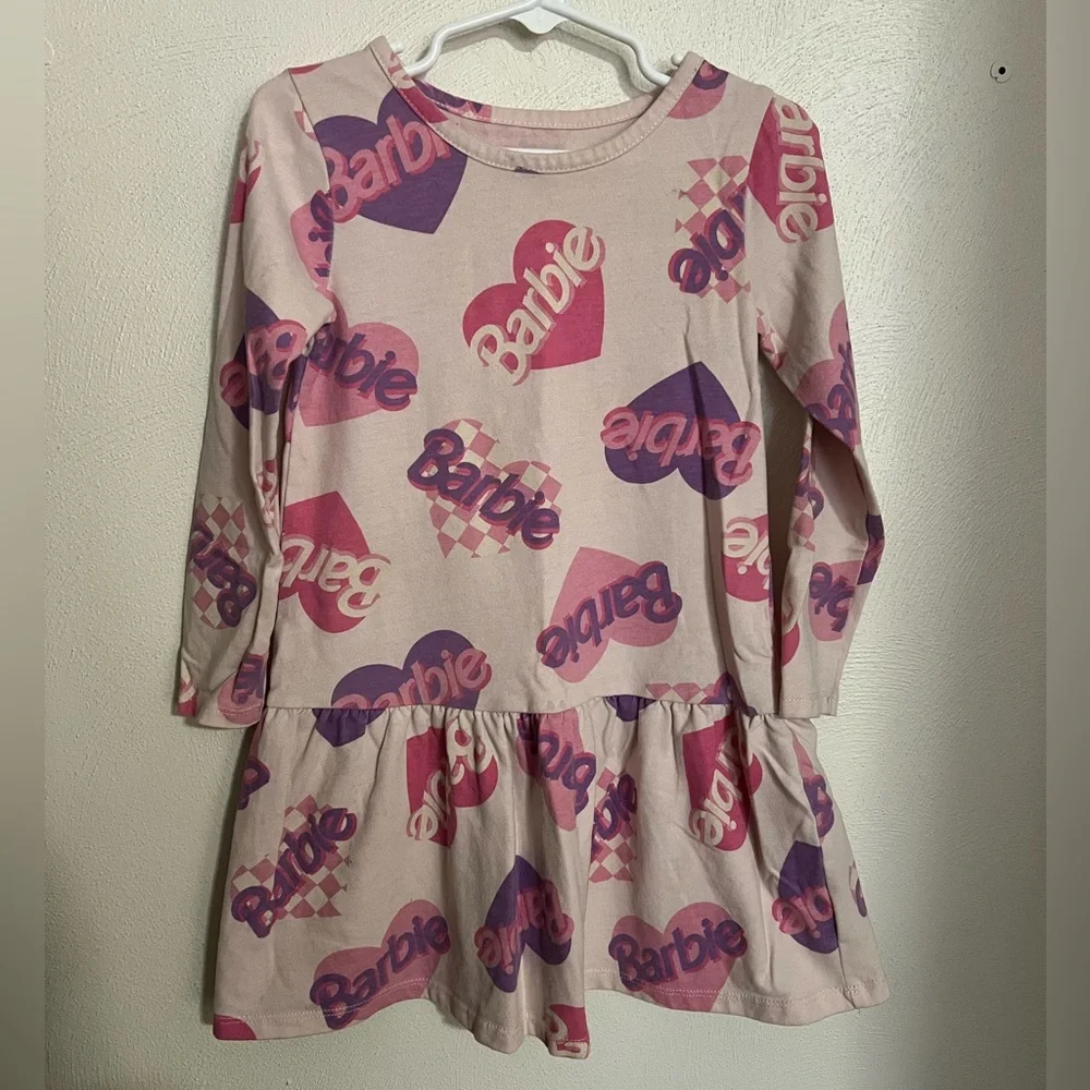 BARBIE Classic Long Sleeve Drop Waist Logo Play Dress Pink Purple Girls Size 4T‎